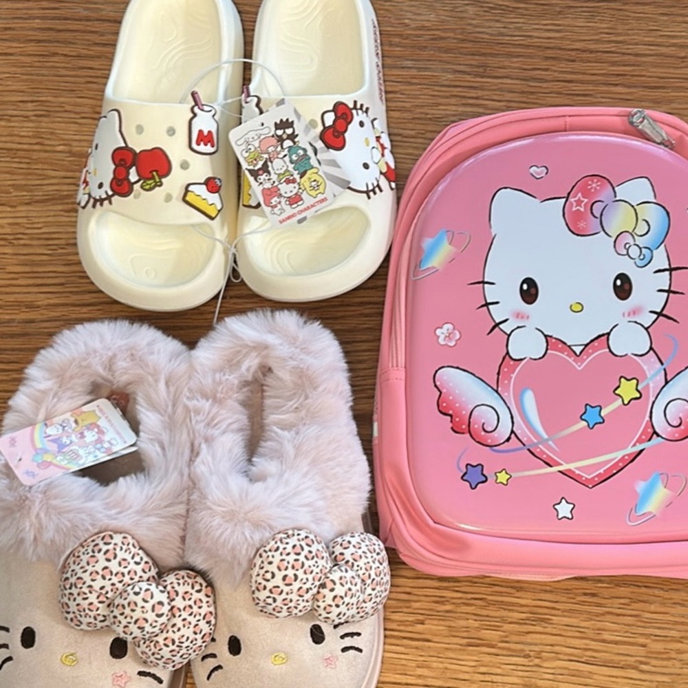 Hello Kitty Pink Heart Backpack with Cream Slide Sandals and Pink Fuzzy Slippers